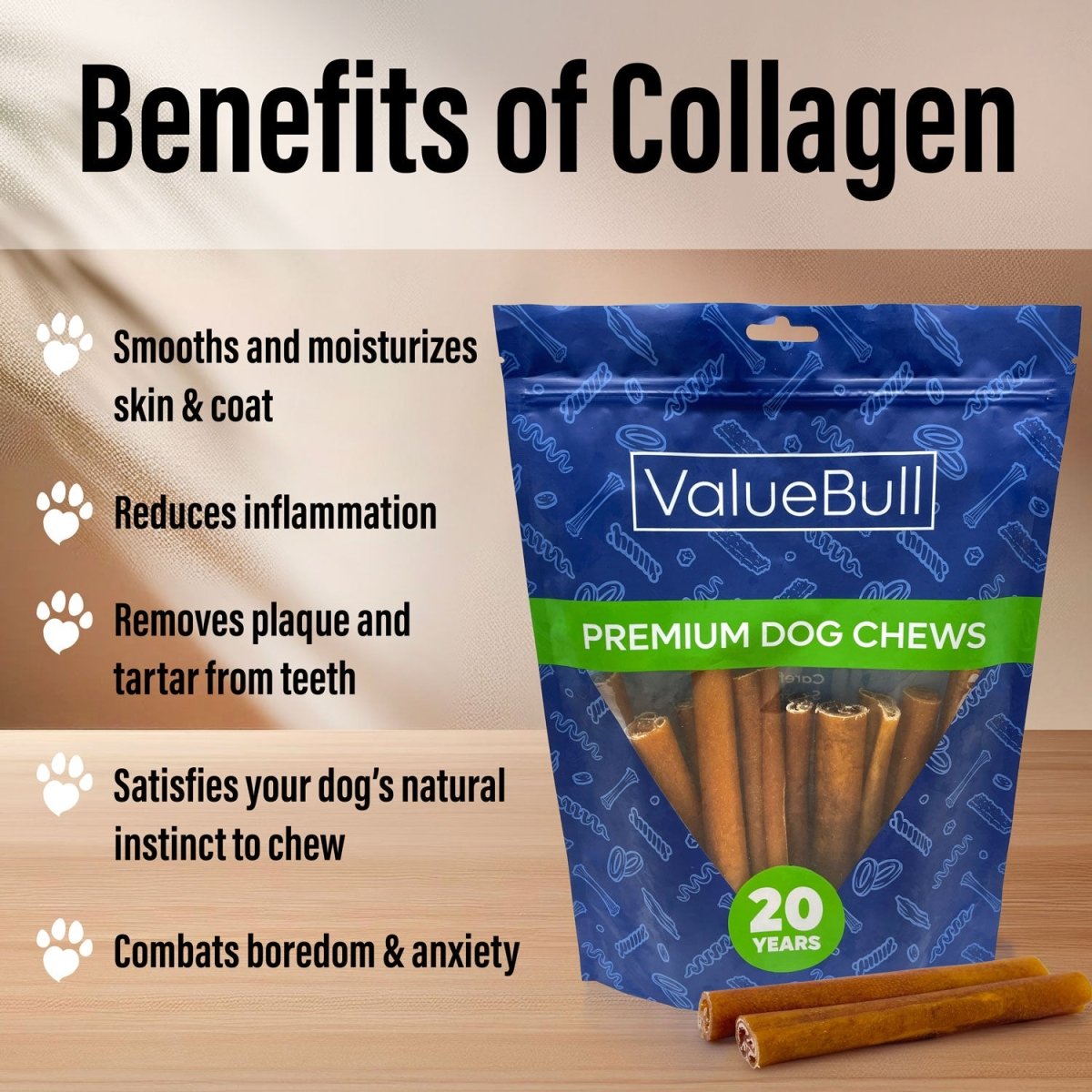 ValueBull Buffalo Collagen Sticks for Dogs, 6 Inch Jumbo Chews, Natural Long - Lasting Dog Treats, 10 Count - ValuePetSupplies