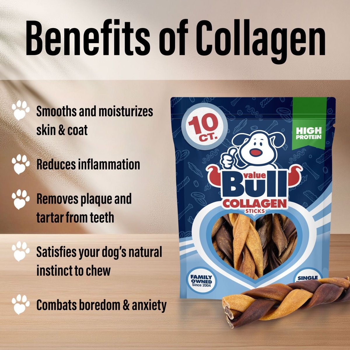 ValueBull Collagen Braided Sticks for Dogs, 6 Inch Thick Chews, Natural Long - Lasting Dog Treats, 10 Count - ValuePetSupplies