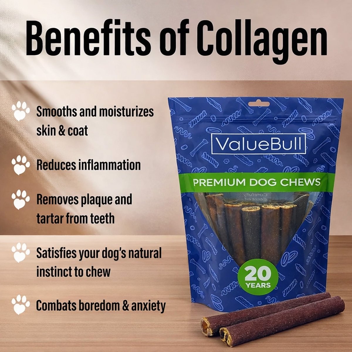ValueBull Buffalo Collagen Sticks for Dogs, 6 Inch Thick Chews, Natural Long-Lasting Dog Treats, 100 Count Bulk Pack - Thick - 100 Sticks