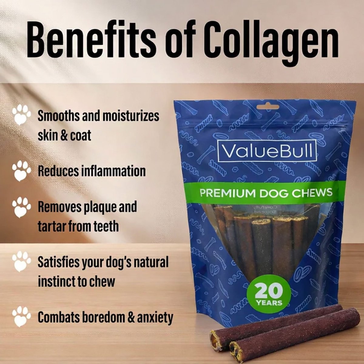 ValueBull Buffalo Collagen Sticks for Dogs, 6 Inch Thin Chews, 100 Count Bulk Pack - ValuePetSupplies