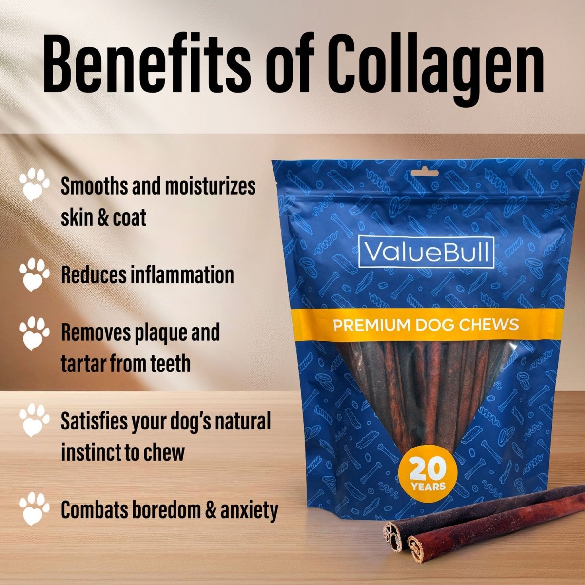 ValueBull Collagen Sticks For Dogs, Bully Sticks & Rawhide Alternative, Medium 12 Inch, 50 Count BULK PACK - ValuePetSupplies